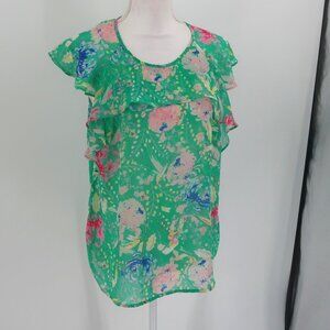 I Heart Ronson Teal Green Short Sleeve Floral Blouse Lightweight Size Medium